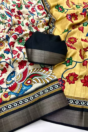 Cream malai cotton saree with kalamkari print & peacock pallu