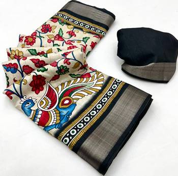 Cream malai cotton saree with kalamkari print & peacock pallu 4