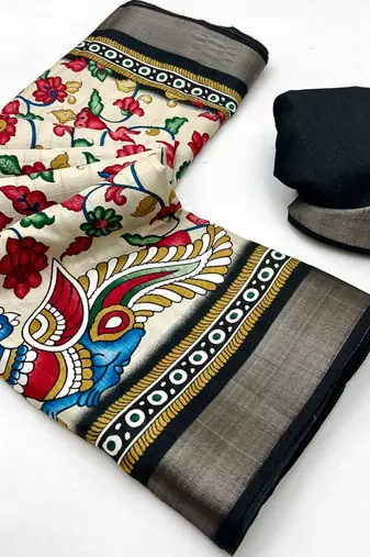 Cream malai cotton saree with kalamkari print & peacock pallu