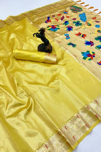 Lemon tissue silk paithani saree with floral zari weaving