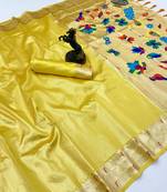 Lemon tissue silk paithani saree with floral zari weaving