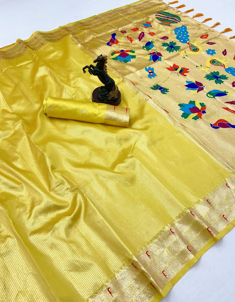 Lemon tissue silk paithani saree with floral zari weaving