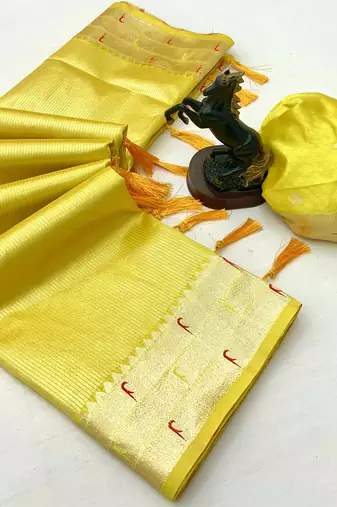 Lemon tissue silk paithani saree with floral zari weaving