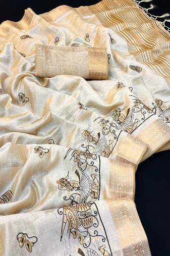 Cream tussar silk saree with kalamkari design & embroidery work