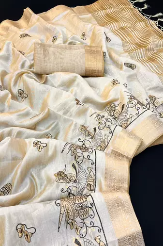 Cream tussar silk saree with kalamkari design & embroidery work