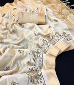 Cream tussar silk saree with kalamkari design & embroidery work