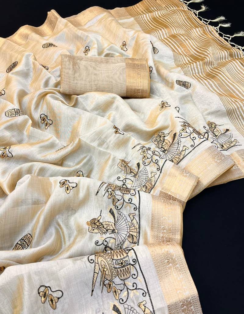 Cream tussar silk saree with kalamkari design & embroidery work