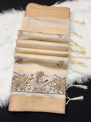Cream tussar silk saree with kalamkari design & embroidery work 2