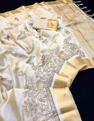 Cream tussar silk saree with kalamkari design & embroidery work 1