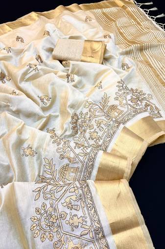 Cream tussar silk saree with kalamkari design & embroidery work