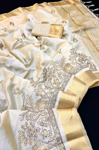 Cream tussar silk saree with kalamkari design & embroidery work