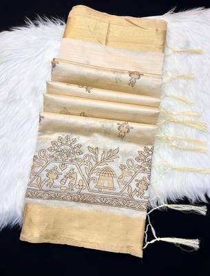 Cream tussar silk saree with kalamkari design & embroidery work 2