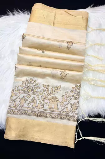 Cream tussar silk saree with kalamkari design & embroidery work