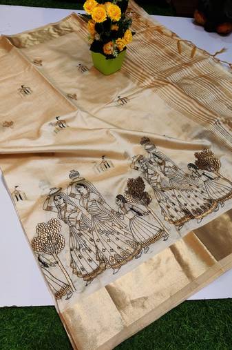 Cream tussar silk saree with kalamkari design & embroidery work