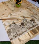 Cream tussar silk saree with kalamkari design & embroidery work