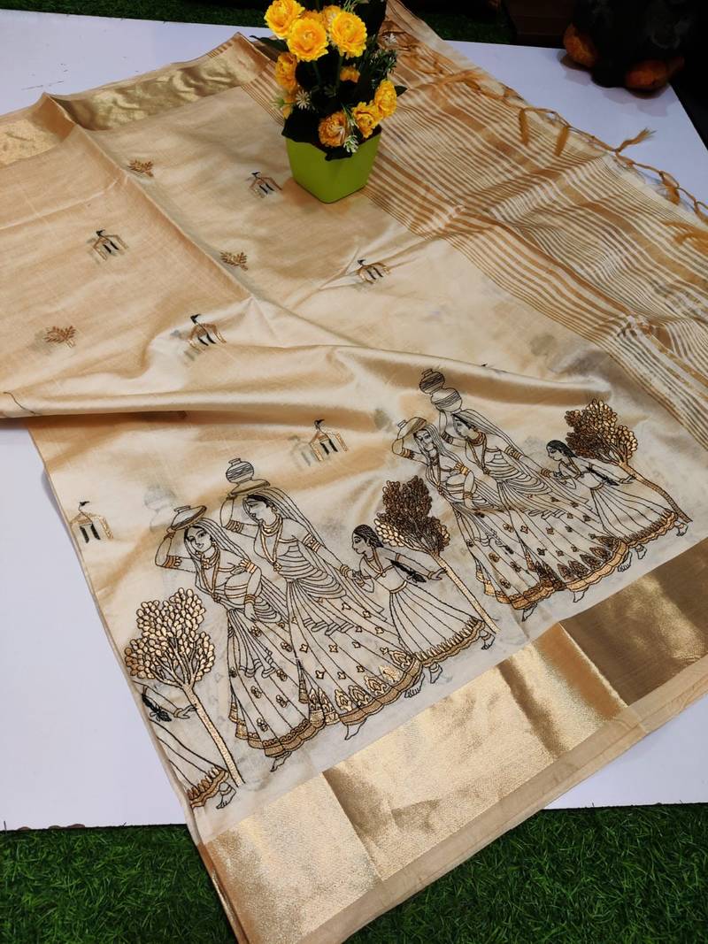 Cream tussar silk saree with kalamkari design & embroidery work