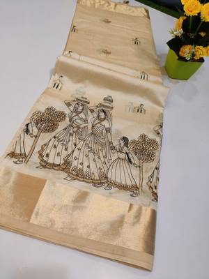 Cream tussar silk saree with kalamkari design & embroidery work 2