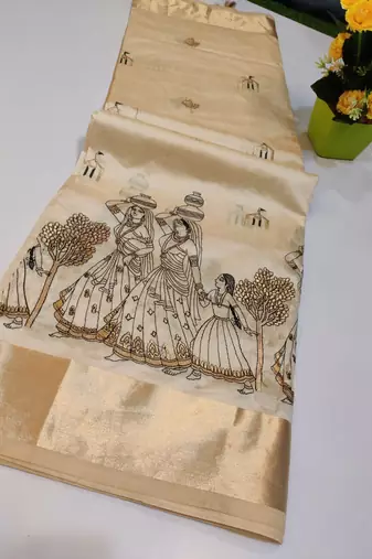 Cream tussar silk saree with kalamkari design & embroidery work