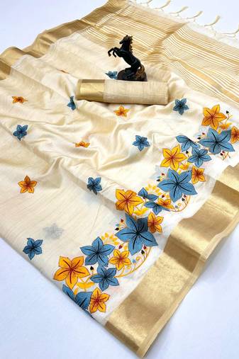 Cream tissue kerala kasavu saree with floral embroidery design