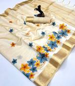 Cream tissue kerala kasavu saree with floral embroidery design