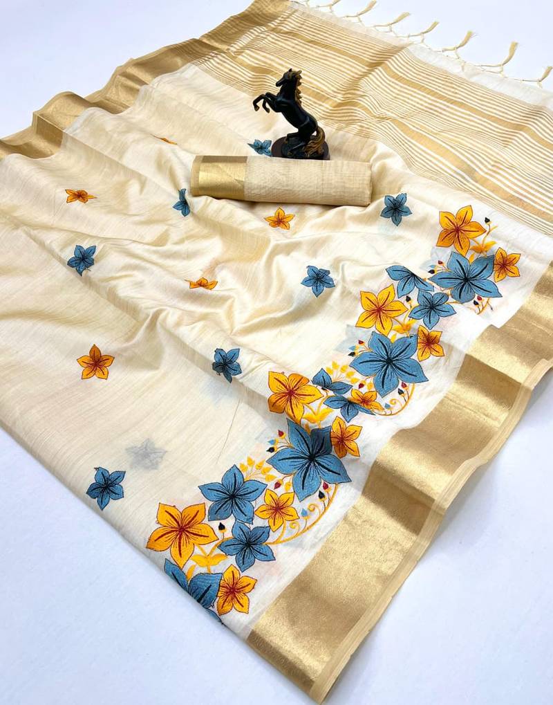 Cream tissue kerala kasavu saree with floral embroidery design