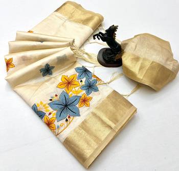 Cream tissue kerala kasavu saree with floral embroidery design 2