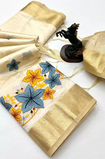 Cream tissue kerala kasavu saree with floral embroidery design