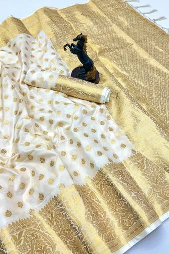 White banarasi silk saree with self weaving gold zari design