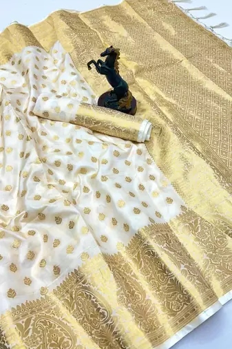 White banarasi silk saree with self weaving gold zari design