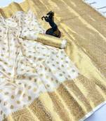 White banarasi silk saree with self weaving gold zari design