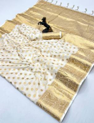 White banarasi silk saree with self weaving gold zari design 2