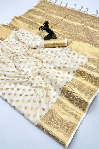 White banarasi silk saree with self weaving gold zari design