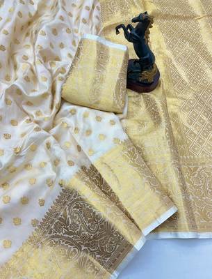White banarasi silk saree with self weaving gold zari design 3