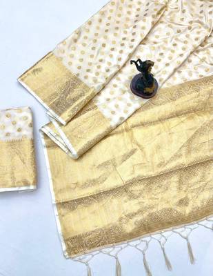 White banarasi silk saree with self weaving gold zari design 4