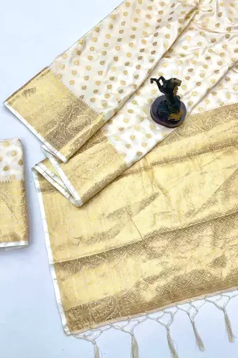 White banarasi silk saree with self weaving gold zari design
