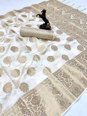 White banarasi silk saree with self weaving gold zari design 1