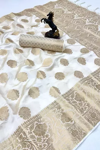 White banarasi silk saree with self weaving gold zari design