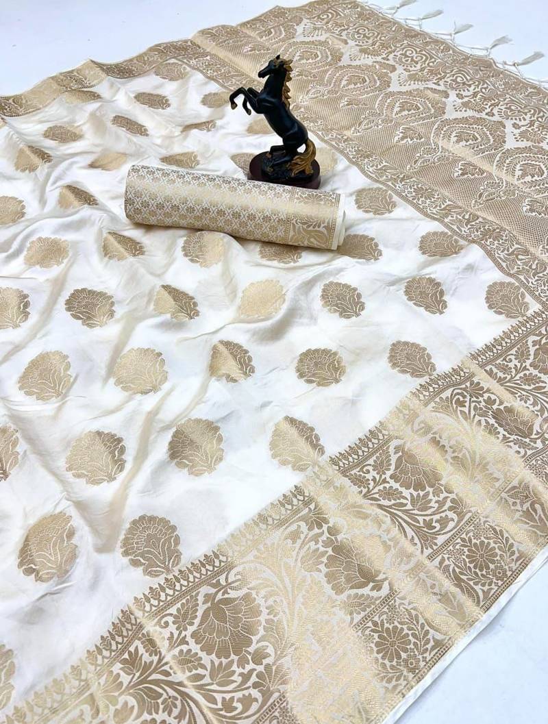 White banarasi silk saree with self weaving gold zari design