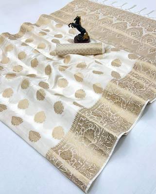 White banarasi silk saree with self weaving gold zari design 2