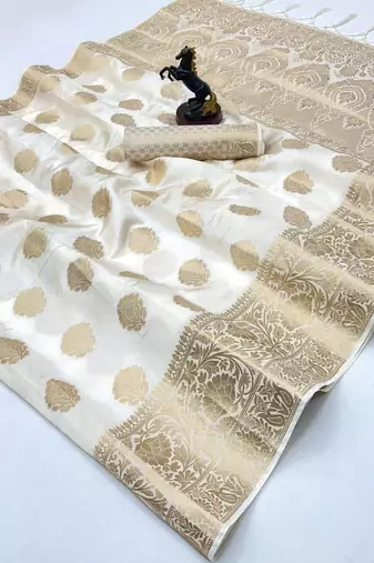 White banarasi silk saree with self weaving gold zari design