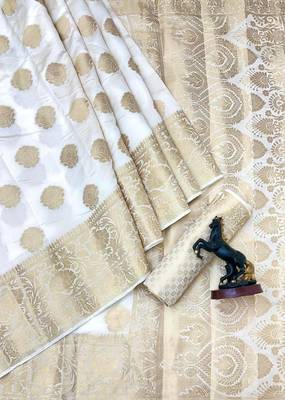 White banarasi silk saree with self weaving gold zari design 3