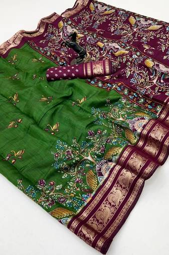 Green viscose silk kalamkari saree with peacock motif design
