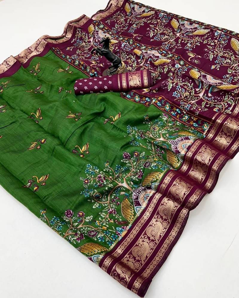 Green viscose silk kalamkari saree with peacock motif design