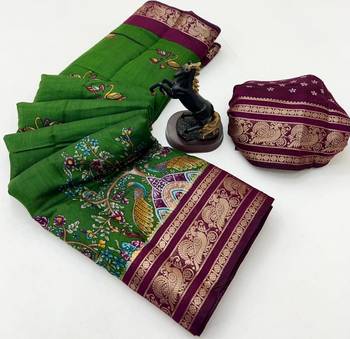 Green viscose silk kalamkari saree with peacock motif design 2