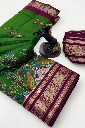 Green viscose silk kalamkari saree with peacock motif design