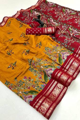 Mustard viscose silk kalamkari saree with peacock motif design