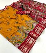 Mustard viscose silk kalamkari saree with peacock motif design
