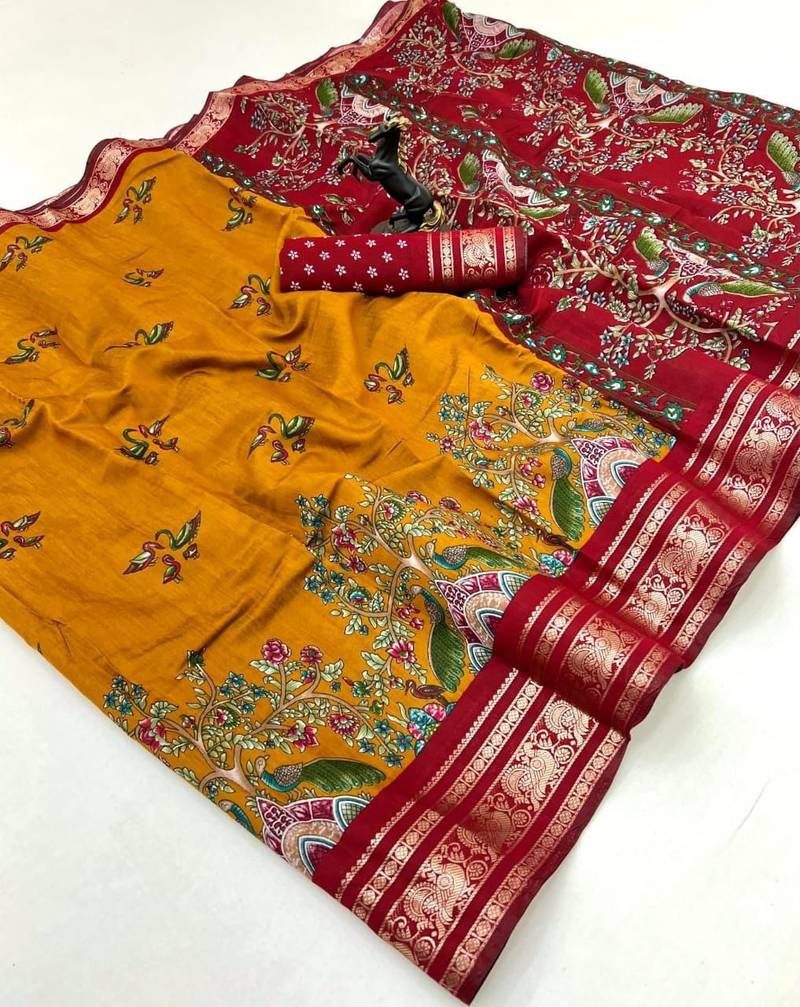 Mustard viscose silk kalamkari saree with peacock motif design