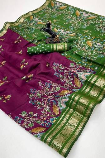 Wine viscose silk kalamkari saree with peacock motif design
