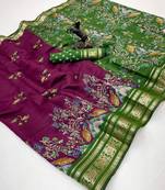 Wine viscose silk kalamkari saree with peacock motif design